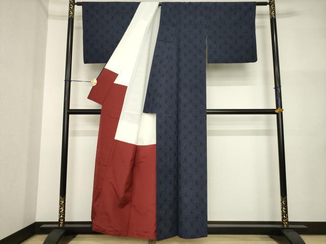平和屋着物●結城紬　麻の葉文様　正絹　逸品　AABI4420ck