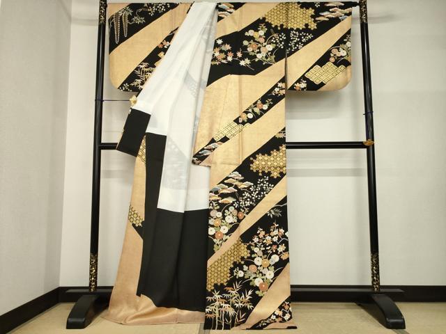 平和屋着物●訪問着　駒刺繍　吉祥花文　摺り剥がし　黒地　金彩　正絹　逸品　AABI4431ck