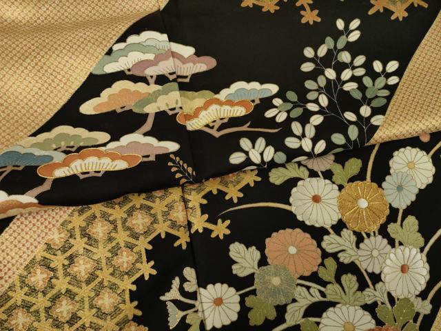 平和屋着物●訪問着　駒刺繍　吉祥花文　摺り剥がし　黒地　金彩　正絹　逸品　AABI4431ck