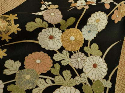 平和屋着物●訪問着　駒刺繍　吉祥花文　摺り剥がし　黒地　金彩　正絹　逸品　AABI4431ck