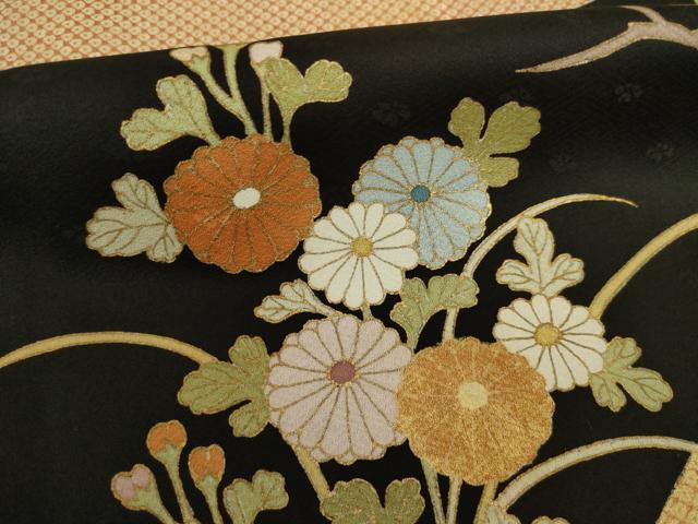 平和屋着物●訪問着　駒刺繍　吉祥花文　摺り剥がし　黒地　金彩　正絹　逸品　AABI4431ck