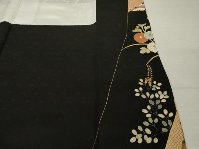 平和屋着物●訪問着　駒刺繍　吉祥花文　摺り剥がし　黒地　金彩　正絹　逸品　AABI4431ck