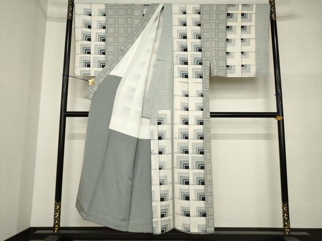 平和屋着物●男性　訪問着　幾何学文様　銀彩　キングサイズ　正絹　逸品　AABI4438ck