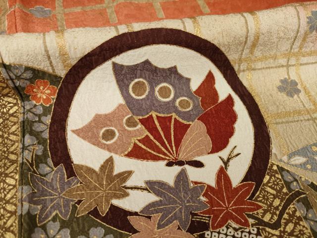 平和屋着物●豪華振袖　駒刺繍　花蝶丸文　金彩　正絹　逸品　AABI4465ck