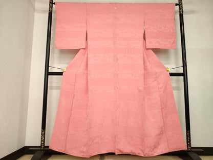 平和屋着物●上質な色無地　横段吉祥花地紋　甚三紅色　正絹　逸品　AABI4483ck