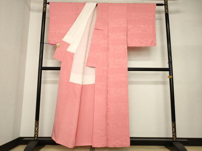 平和屋着物●上質な色無地　横段吉祥花地紋　甚三紅色　正絹　逸品　AABI4483ck