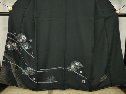 平和屋着物●訪問着　絞り　舞花文　黒地　金彩　正絹　逸品　未使用　AABI4504ck