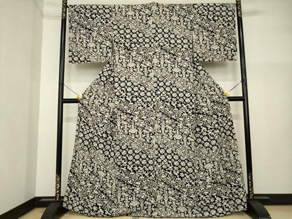 平和屋着物●上質な小紋　更紗花文　黒地　正絹　逸品　AABI4507ck
