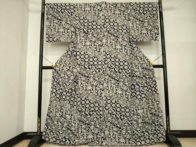 平和屋着物●上質な小紋　更紗花文　黒地　正絹　逸品　AABI4507ck