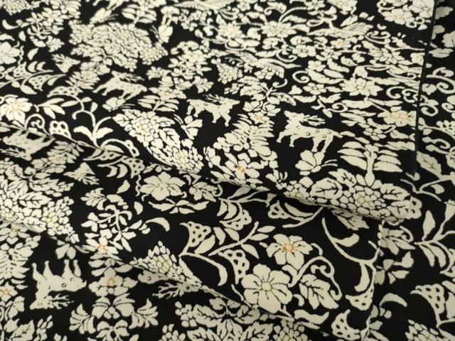 平和屋着物●上質な小紋　更紗花文　黒地　正絹　逸品　AABI4507ck