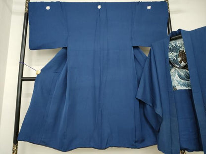 平和屋着物●男性　色紋付・羽織セット　紺青色　正絹　逸品　AABI4516ck