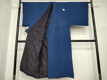 平和屋着物●男性　色紋付・羽織セット　紺青色　正絹　逸品　AABI4516ck