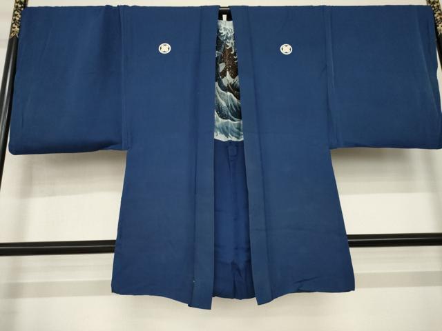 平和屋着物●男性　色紋付・羽織セット　紺青色　正絹　逸品　AABI4516ck