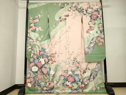 平和屋着物●豪華振袖　作家物　泰常　流水花文　金銀彩　金通し地　ロング丈　正絹　逸品　AABI4519ck