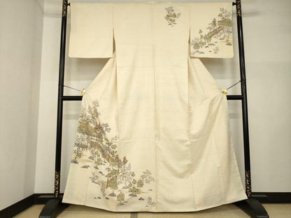 平和屋着物●訪問着　摺り型友禅　紬地　風景文　金彩　正絹　逸品　AABI4520ck