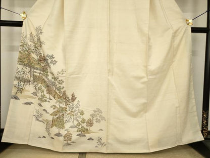 平和屋着物●訪問着　摺り型友禅　紬地　風景文　金彩　正絹　逸品　AABI4520ck