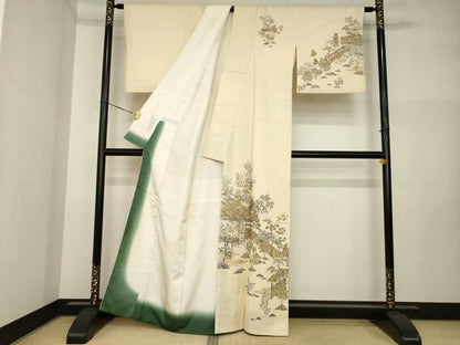 平和屋着物●訪問着　摺り型友禅　紬地　風景文　金彩　正絹　逸品　AABI4520ck