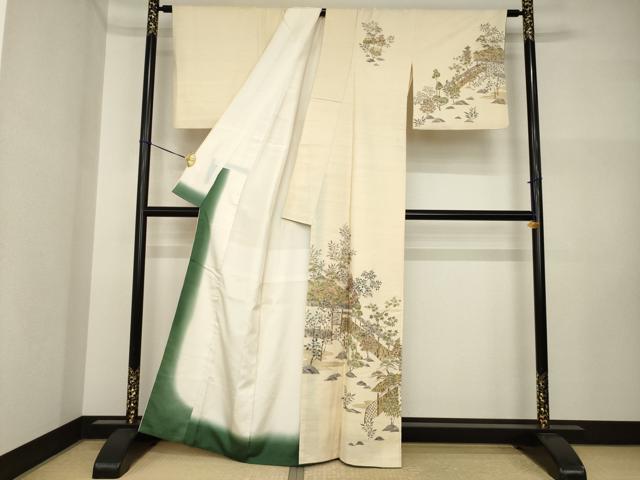 平和屋着物●訪問着　摺り型友禅　紬地　風景文　金彩　正絹　逸品　AABI4520ck