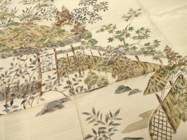 平和屋着物●訪問着　摺り型友禅　紬地　風景文　金彩　正絹　逸品　AABI4520ck