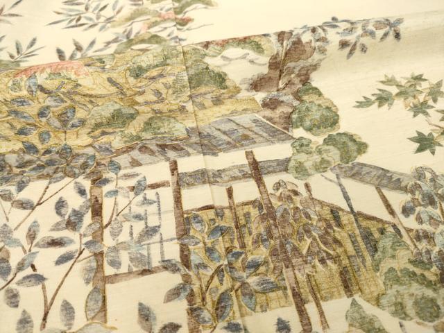 平和屋着物●訪問着　摺り型友禅　紬地　風景文　金彩　正絹　逸品　AABI4520ck