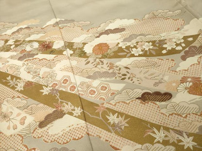 平和屋着物●豪華色留袖　友禅　駒刺繍　蔓帯吉祥花文　金彩　正絹　逸品　AABI4521ck