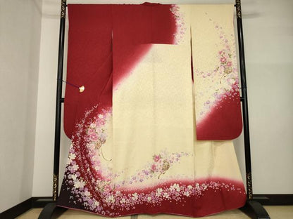 平和屋着物●豪華振袖　鏡裏花文　暈し染め　金彩　金通し地　正絹　逸品　AABI4523ck