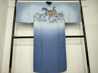 平和屋着物●男性　長襦袢　袷　手描き　馬　暈し染め　正絹　逸品　AABI4529ck