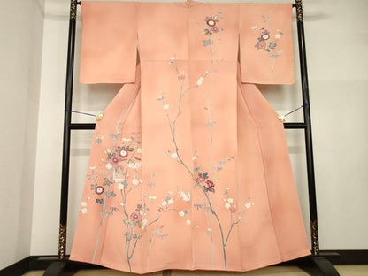 平和屋着物●訪問着　友禅　飛鶴花文　鬼しぼ縮緬　正絹　逸品　未使用　AABI4533ck