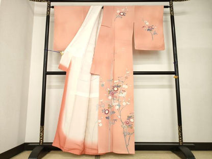 平和屋着物●訪問着　友禅　飛鶴花文　鬼しぼ縮緬　正絹　逸品　未使用　AABI4533ck
