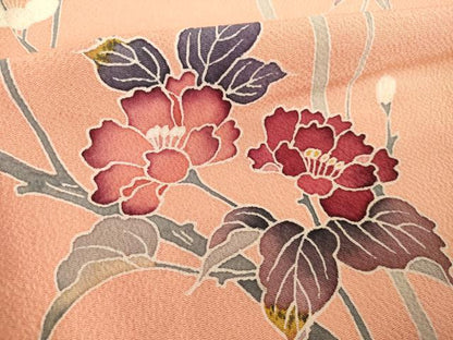 平和屋着物●訪問着　友禅　飛鶴花文　鬼しぼ縮緬　正絹　逸品　未使用　AABI4533ck