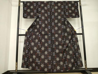 平和屋着物●久留米絣　単衣　矢羽根井桁文　綿　逸品　AABI4535ck