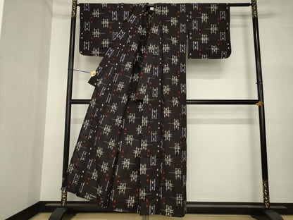 平和屋着物●久留米絣　単衣　矢羽根井桁文　綿　逸品　AABI4535ck