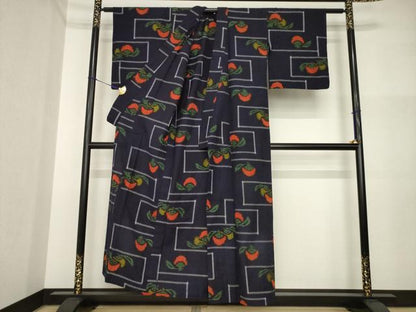 平和屋着物●久留米絣　単衣　柿　成り物　綿　逸品　AABI4537ck