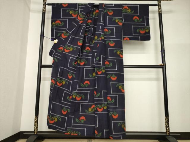 平和屋着物●久留米絣　単衣　柿　成り物　綿　逸品　AABI4537ck
