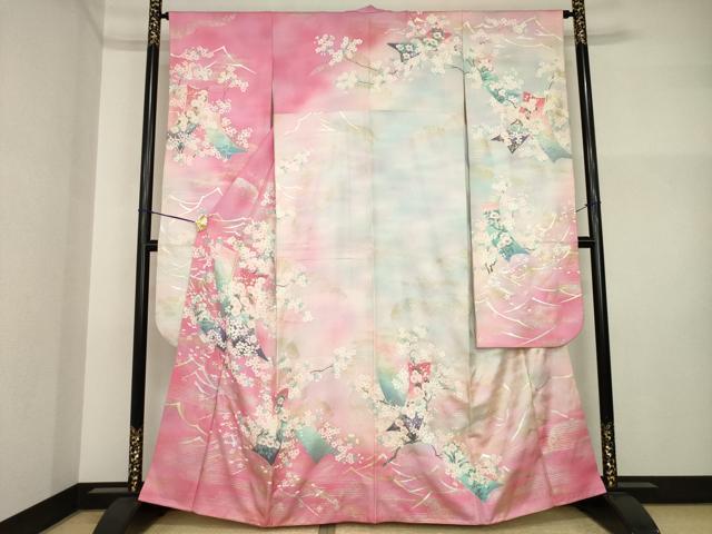 平和屋着物●大正の浮世絵師　竹久夢二　夢二ロマン　振袖　短冊花文　暈し染め　金銀彩　港屋好み　正絹　逸品　AABI4543ck