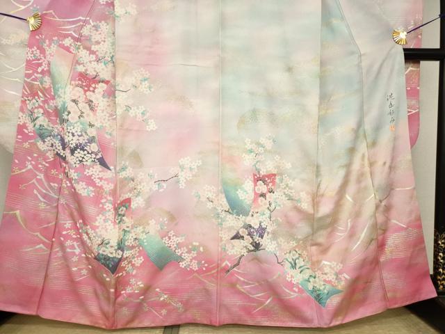 平和屋着物●大正の浮世絵師　竹久夢二　夢二ロマン　振袖　短冊花文　暈し染め　金銀彩　港屋好み　正絹　逸品　AABI4543ck