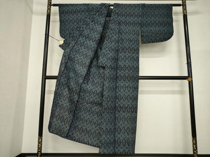 平和屋着物●伊予絣　単衣　幾何学文様　綿　逸品　AABI4547ck