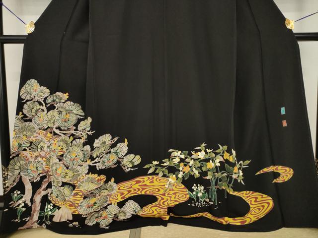 平和屋着物●本加賀友禅作家　室田眞人　黒留袖　流水松文　正絹　逸品　AABI4549ck