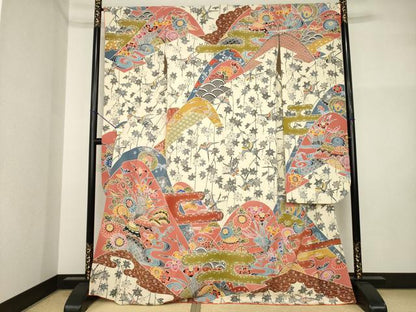 平和屋着物●豪華振袖　遠山花文　紅型　正絹　逸品　AABI4550ck