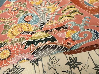 平和屋着物●豪華振袖　遠山花文　紅型　正絹　逸品　AABI4550ck