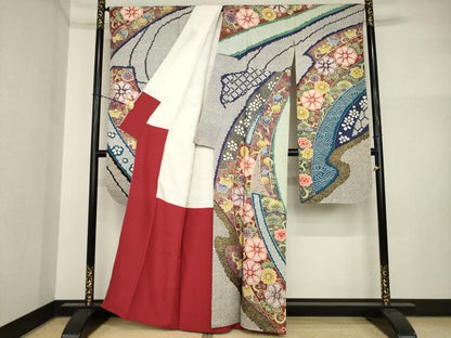 平和屋着物●豪華振袖　駒刺繍　花唐草文　金彩　正絹　逸品　AABI4551ck