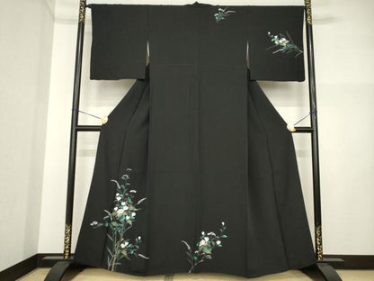 平和屋着物●訪問着　枝花文　黒地　金彩　正絹　逸品　AABI4553ck