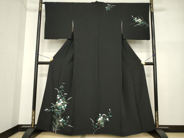 平和屋着物●訪問着　枝花文　黒地　金彩　正絹　逸品　AABI4553ck