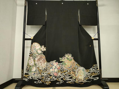 平和屋着物●豪華黒留袖　作家物　花鳥絵皿文　正絹　逸品　AABI4555ck