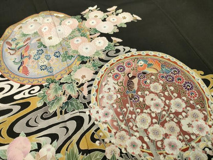 平和屋着物●豪華黒留袖　作家物　花鳥絵皿文　正絹　逸品　AABI4555ck