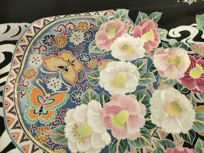 平和屋着物●豪華黒留袖　作家物　花鳥絵皿文　正絹　逸品　AABI4555ck