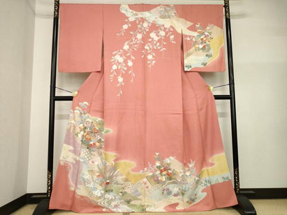 平和屋着物●訪問着　駒刺繍　流水鴛鴦花文　暈し染め　金彩　正絹　逸品　AABI4557ck