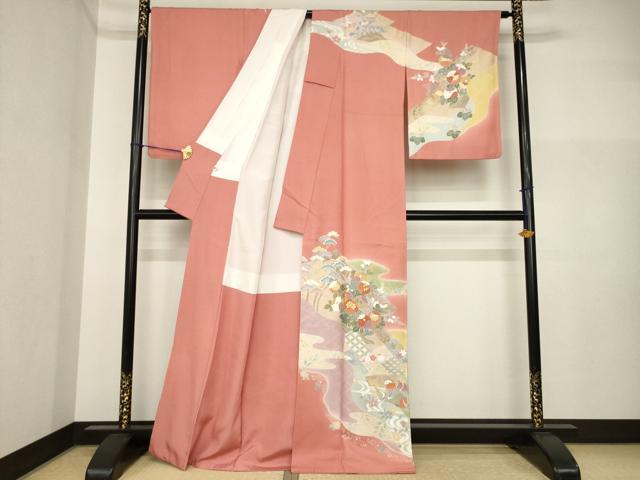 平和屋着物●訪問着　駒刺繍　流水鴛鴦花文　暈し染め　金彩　正絹　逸品　AABI4557ck