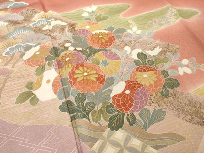 平和屋着物●訪問着　駒刺繍　流水鴛鴦花文　暈し染め　金彩　正絹　逸品　AABI4557ck