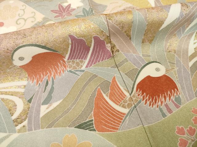 平和屋着物●訪問着　駒刺繍　流水鴛鴦花文　暈し染め　金彩　正絹　逸品　AABI4557ck